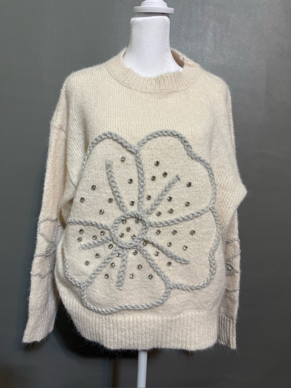 Rain Women's Cream Crewneck Sweater with Braided Floral Detail